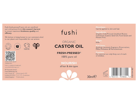 Fushi Organic Castor Oil 30 ml back label showing directions ingredients and barcode