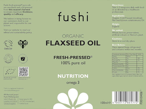 Fushi Organic Flaxseed Oil 100 ml back label showing directions ingredients and barcode