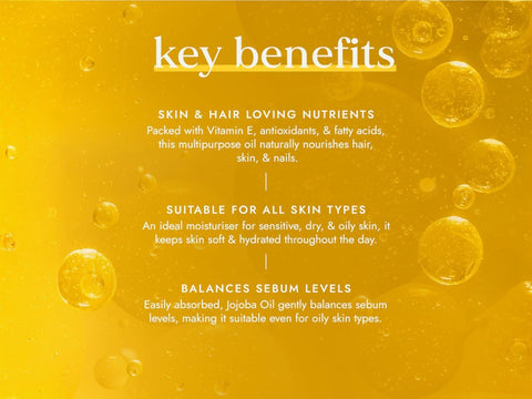 Fushi Organic Jojoba Oil 30 ml key benefits graphic highlighting replenishing care for dry and sensitive skin