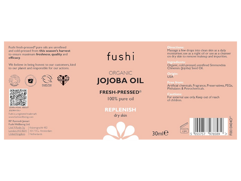 Fushi Organic Jojoba Oil 30 ml back label showing directions ingredients and barcode