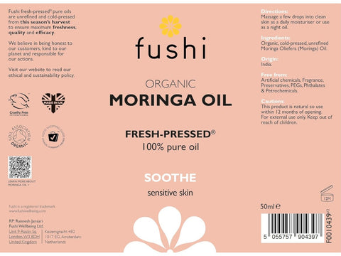 Fushi Organic Moringa Oil 50 ml back label showing directions ingredients and barcode