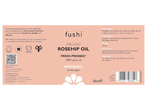 Fushi Organic Rosehip Oil 30 ml back label showing directions ingredients and barcode