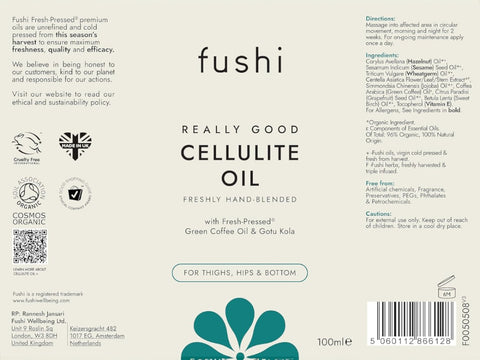 Fushi Really Good Cellulite Oil 100 ml back label showing directions ingredients and barcode
