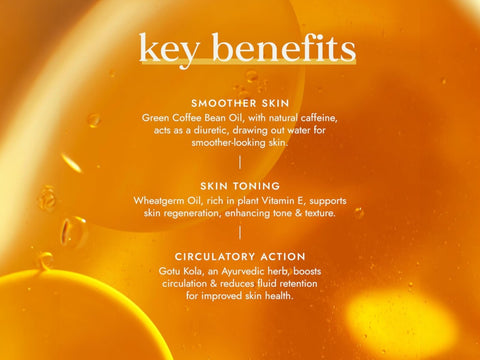 Fushi Really Good Cellulite Oil 100 ml key benefits graphic highlighting skin smoothing and toning