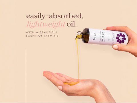 Fushi Really Good Hair Oil 100 ml oil being applied to hair during treatment