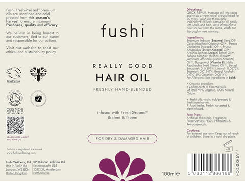 Fushi Really Good Hair Oil 100 ml back label showing directions ingredients and barcode