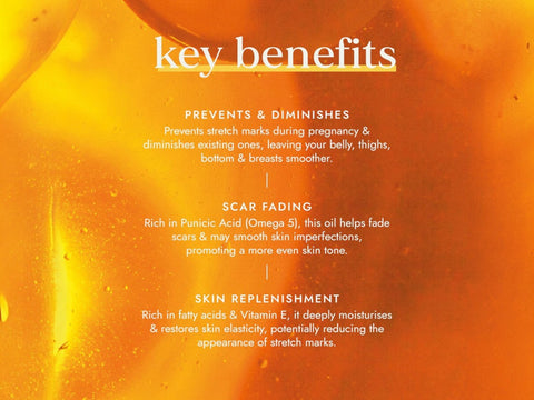 Fushi Really Good Stretch Mark Oil 100 ml key benefits graphic highlighting pomegranate and tulsi blend for uneven skin