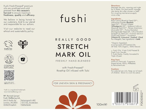 Fushi Really Good Stretch Mark Oil 100 ml back label showing directions ingredients and barcode