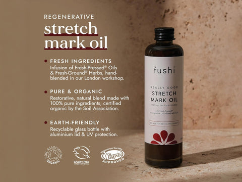 Fushi Really Good Stretch Mark Oil 100 ml bottle on brown background with label close up