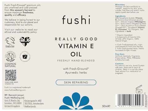 ushi Really Good Vitamin E Oil 50 ml back label showing directions ingredients and barcode