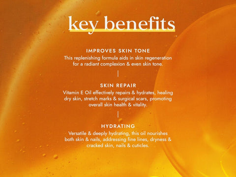 Fushi Really Good Vitamin E Oil 50 ml key benefits graphic highlighting natural blend for scars uneven and dry skin