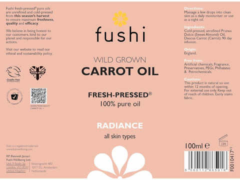 Fushi Wild Grown Carrot Oil 100 ml back label showing directions ingredients and barcode