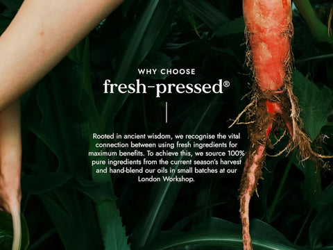 Fushi Wild Grown Carrot Oil 100 ml key benefits graphic highlighting radiance and glow enhancing properties