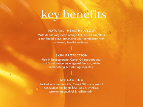 Fushi Wild Grown Carrot Oil 100 ml key benefits graphic highlighting radiance and glow enhancing properties