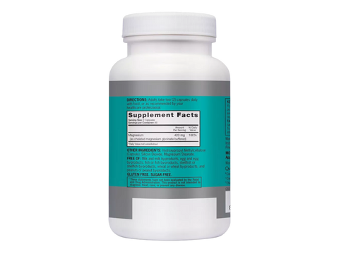 Supplement facts & ingredients image: Qunol Magnesium Glycinate capsules barcode bottle 420mg 120 count