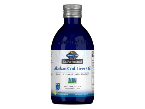 Garden of Life Dr. Formulated Alaskan Cod Liver Oil Lemon front bottle packaging showing product name and branding- 400ml