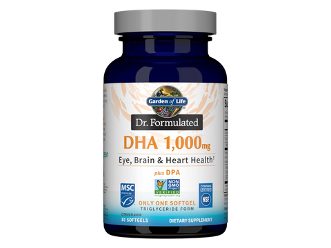 Garden of Life Dr. Formulated DHA 1,000 mg Citrus 30 Softgels front bottle packaging showing product name and branding
