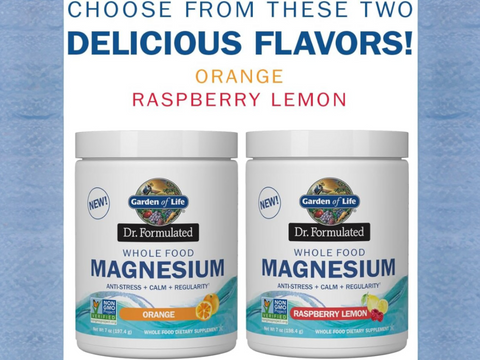 Garden of Life Dr. Formulated Magnesium Powder Raspberry Lemon 198.4g front tub packaging showing product name and branding