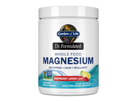 Garden of Life Dr. Formulated Magnesium Powder Raspberry Lemon 198.4g front tub packaging showing product name and branding