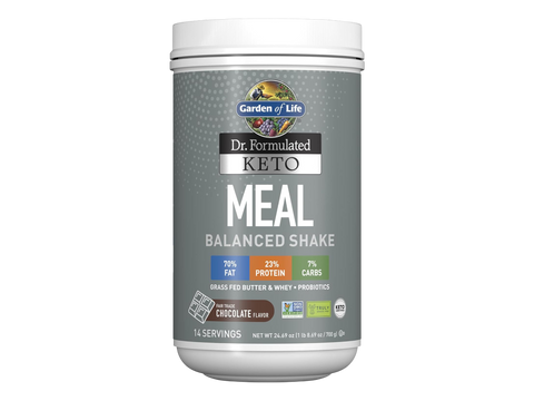 Garden of Life Dr. Formulated Meal Shake Grass Fed Butter & Whey front tub packaging showing product name and branding- chocolate flavor 700g