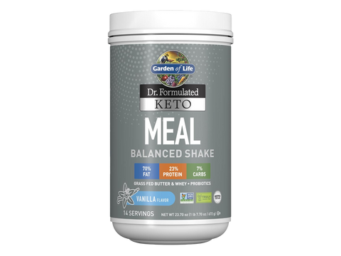 Garden of Life Dr. Formulated Meal Shake Grass Fed Butter & Whey front tub packaging showing product name and branding- vanilla flavor 672g