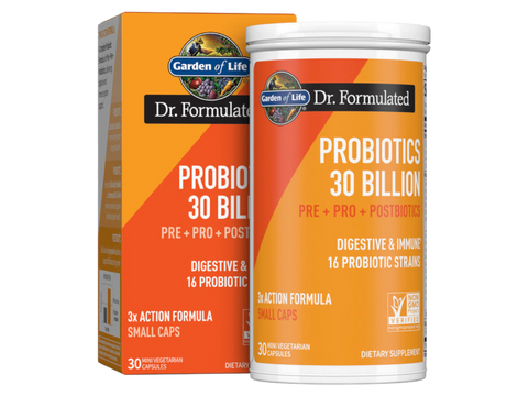 Garden of Life Dr. Formulated Once Daily 3-in-1 Probiotics 30 Count front tub packaging showing product name and branding