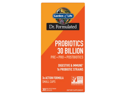 Garden of Life Dr. Formulated Once Daily 3-in-1 Probiotics 30 Count front tub packaging showing product name and branding