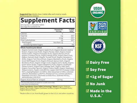 Garden of Life Dr Formulated Organic Digest with Papain and Bromelain 90 Chewables supplement facts nutrition information panel