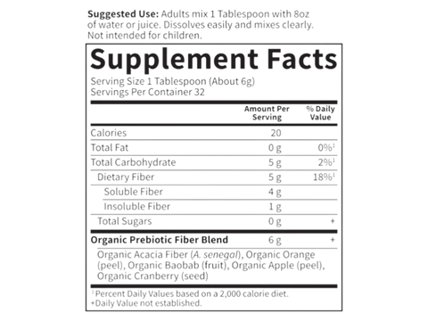 Nutrition facts and organic ingredients list for fibre powder.