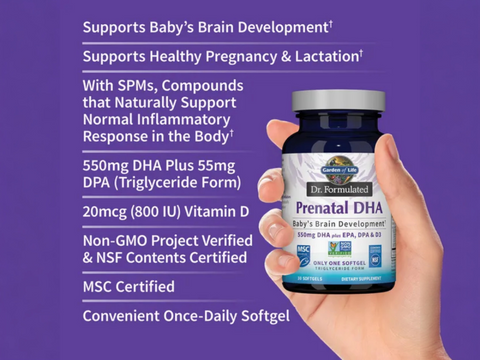 Garden of Life Dr. Formulated Prenatal DHA with Omega-3 30 Softgels with key benefits detail