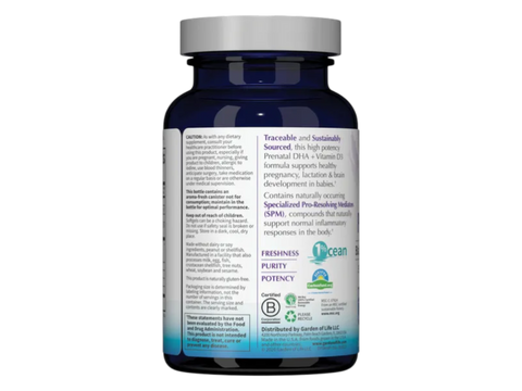 Garden of Life Dr. Formulated Prenatal DHA with Omega-3 30 Softgels side bottle packaging with key benefits detail