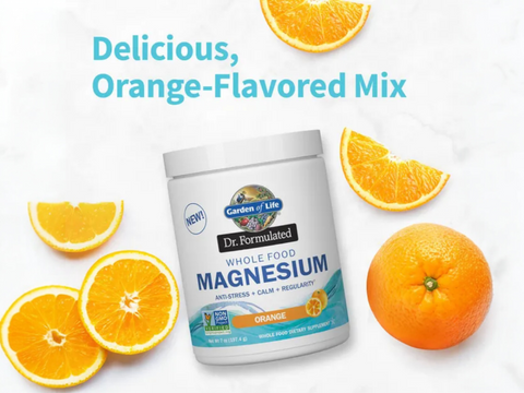 Garden of Life Dr. Formulated Whole Food Magnesium Orange 197.4g front tub packaging showing product name and branding