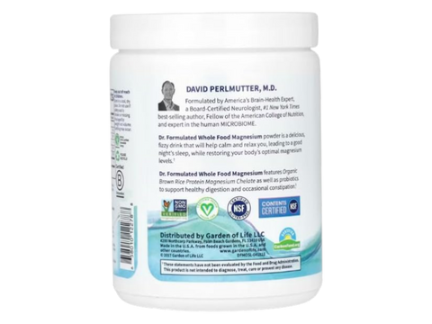 Garden of Life Dr. Formulated Whole Food Magnesium Orange 197.4g product barcode on tub packaging