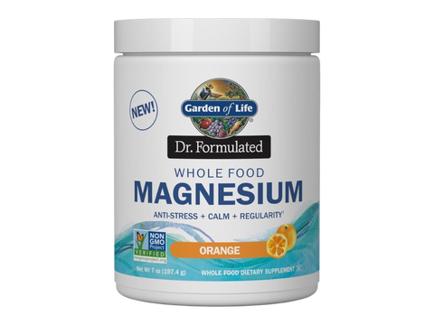Garden of Life Dr. Formulated Whole Food Magnesium Orange 197.4g front tub packaging showing product name and branding