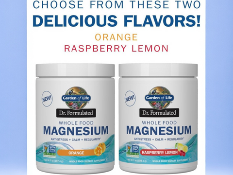 Garden of Life Dr. Formulated Whole Food Magnesium Orange 197.4g front tub packaging showing product name and branding