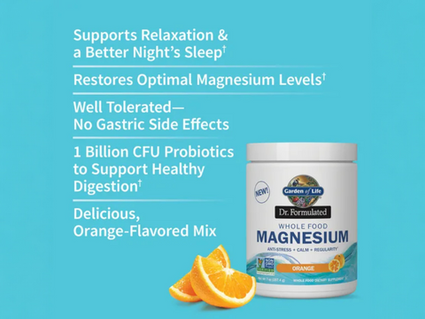 Garden of Life Dr. Formulated Whole Food Magnesium Orange 197.4g side tub packaging with key benefits detail