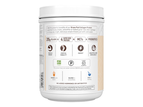 Garden of Life Grass Fed Collagen Protein Powder Vanilla 560g side tub packaging with key benefits detail