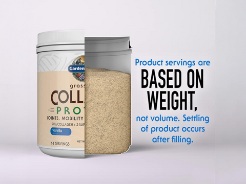Garden of Life Grass Fed Collagen Protein Powder Vanilla 560g scoop with collagen protein powder next to tub