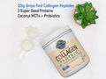 Garden of Life Grass Fed Collagen Protein Powder Vanilla 560g scoop with collagen protein powder next to tub