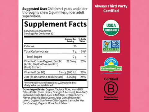 Garden of Life Kids Gummies Vitamin C D & Zinc Cherry 60 Count supplement facts panel