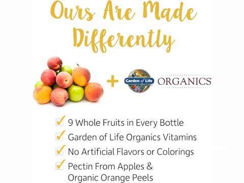 Garden of Life Kids Multi Gummies Organic Fruit Flavor 120 Count side bottle packaging with key benefits detail