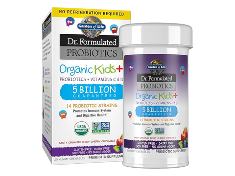 Garden of Life Kids Probiotic Organic Chewable with Vitamin C and D 30 Count bottle front label packaging- Berry Cherry flavor
