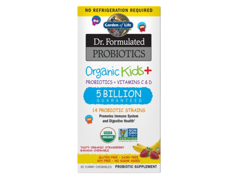 Garden of Life Kids Probiotic Organic Chewable with Vitamin C and D 30 Count bottle front label packaging- Banana flavor