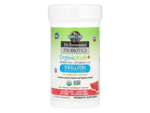 Garden of Life Kids Probiotic Organic Chewable with Vitamin C and D 30 Count bottle front label packaging- Watermelon flavor