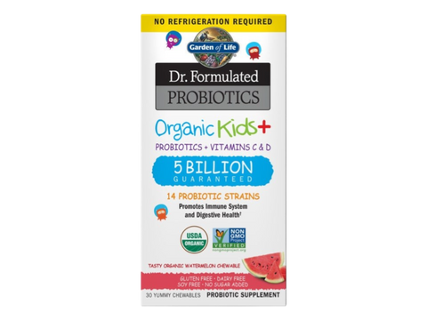 Garden of Life Kids Probiotic Organic Chewable with Vitamin C and D 30 Count bottle front label packaging- Watermelon flavor