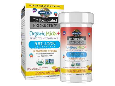 Garden of Life Kids Probiotic Organic Chewable with Vitamin C and D 30 Count bottle front label packaging- Banana flavor