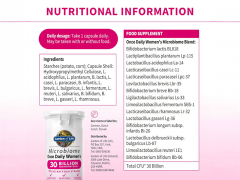 Garden of Life Microbiome Once Daily Women's Probiotic 30 Capsules side bottle packaging with key benefits detail