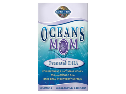 Garden of Life Oceans Mom Prenatal DHA Omega-3 Strawberry 30 Softgels front bottle packaging showing product name and branding