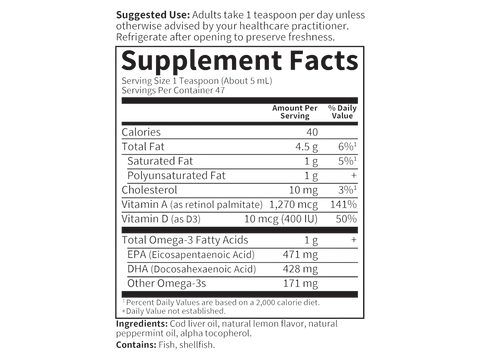 Supplement facts for Cod Liver Oil with vitamins A and D.
