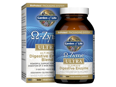 Garden of Life Omega-Zyme Ultra Digestive Enzymes Vegan Capsules front bottle packaging showing product name and branding- 180capsules